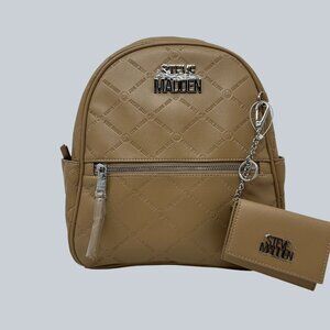 Steve Madden Tan Quilted Mini Backpack With Card Holder & Adjustable Straps